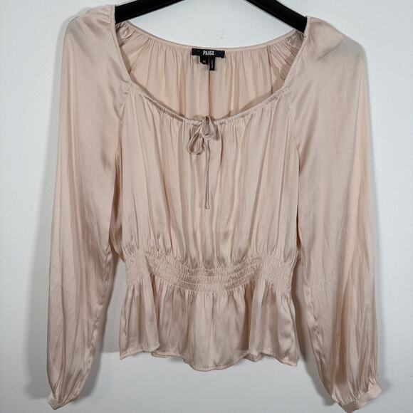 Paige Odalynn Satin Smocked Long Sleeve Blouse Medium Cream Tan Silky Revolve - Picture 8 of 8